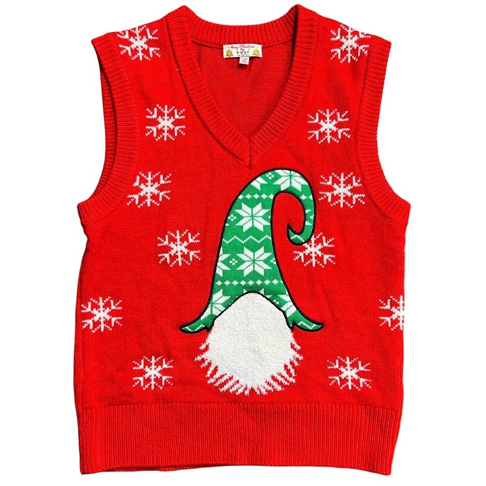 Poof Merry Christmas Gnome‎ Snowflake Ugly Sweater Vest Women Medium Red